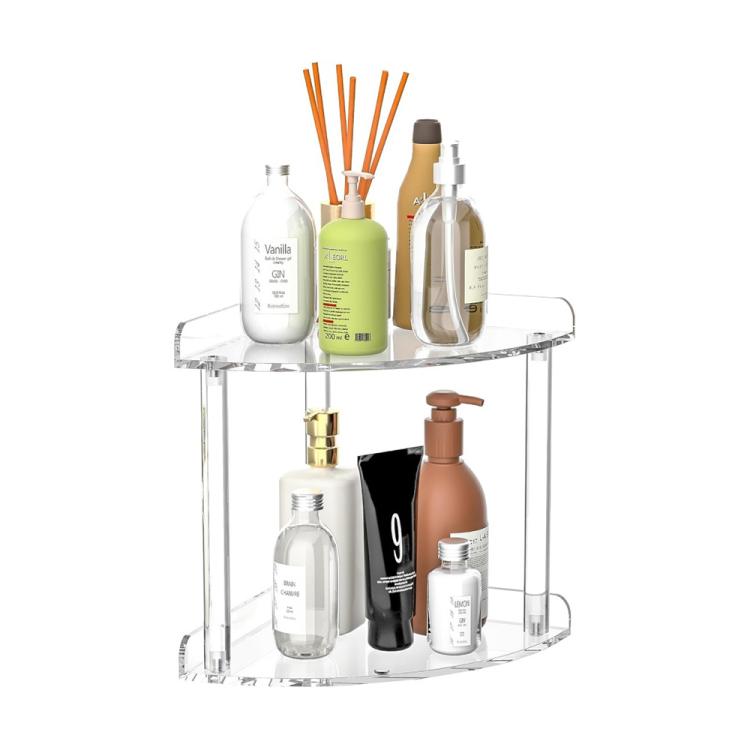 Clear acrylic two-level corner rack with open shelves for bottles and jars