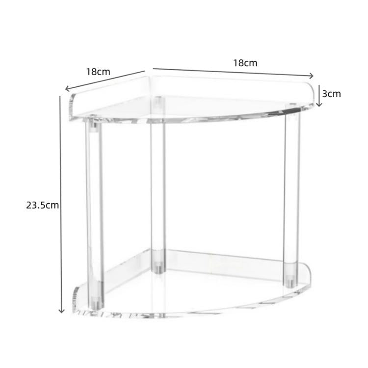 Clear acrylic corner rack with two tiers and cylindrical support rods