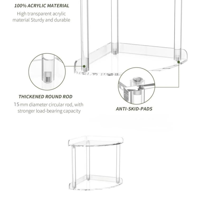 Clear acrylic corner shelf rack with round rod frame and anti-skid base pads
