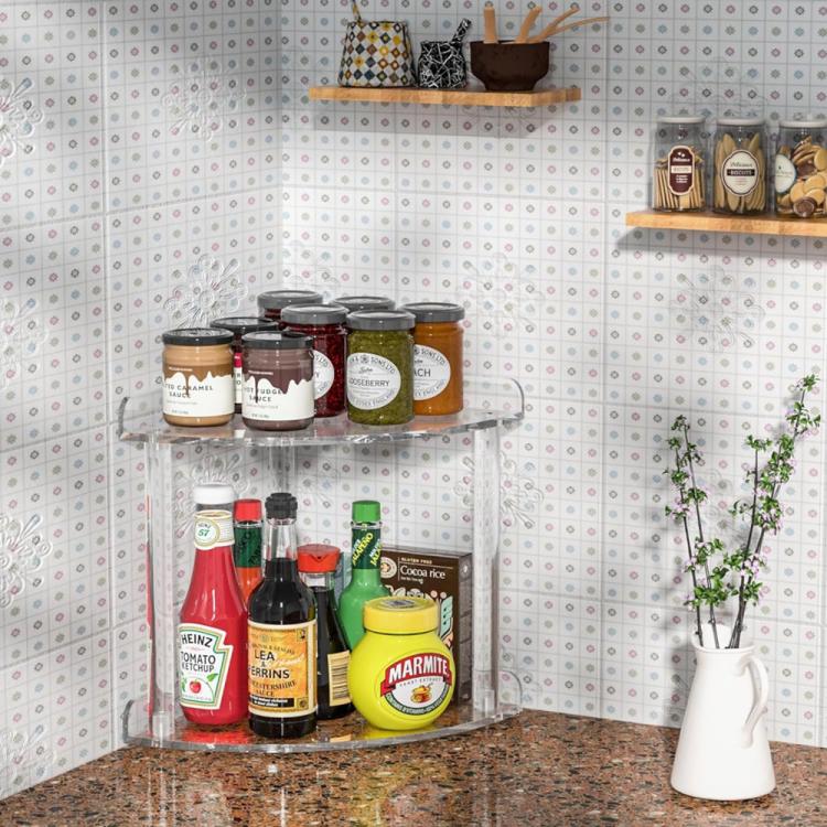 Clear acrylic two-tier corner shelf rack for pantry jars and condiments