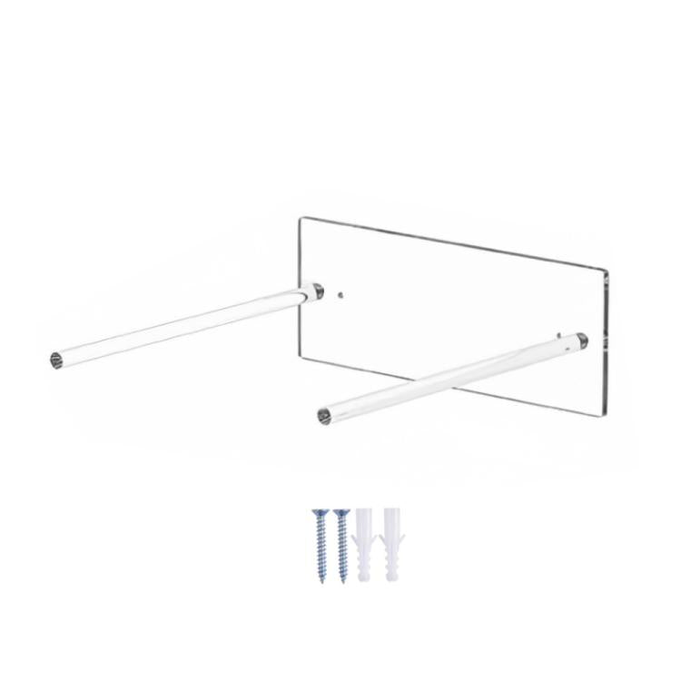 Wall-mounted clear acrylic hat rack with two horizontal rods and mounting screws