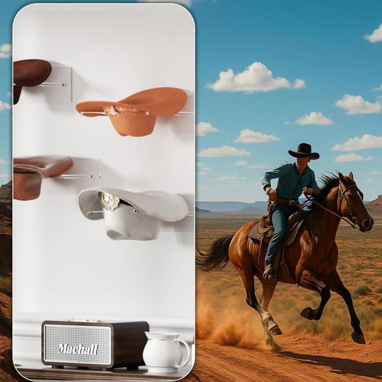 Wall-mounted clear acrylic hat rack with brown cowboy hats displayed on the wall