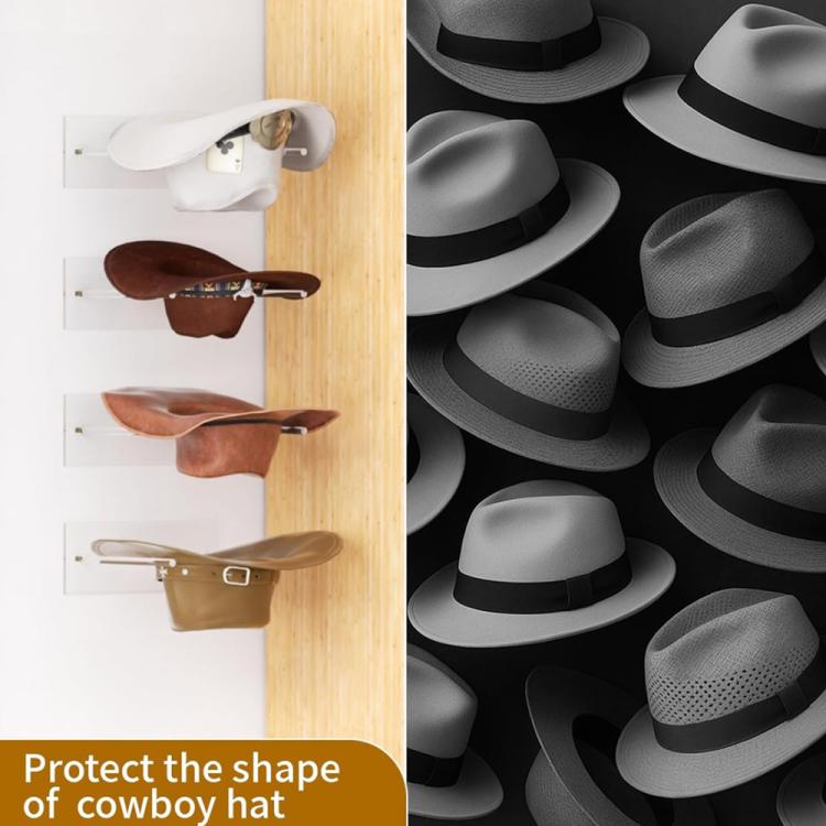Wall-mounted clear acrylic hat rack with brown hats, protect-the-shape view