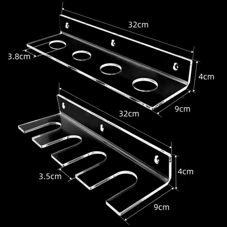 Clear acrylic wall rack with multiple oval slots and bat holders, with mounting holes