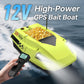 Neon green bait boat with GPS antenna and remote controller held in hand