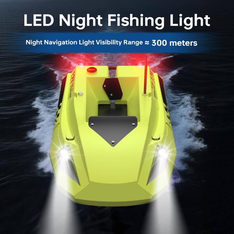 Yellow fishing bait boat with antenna and bright front navigation lights