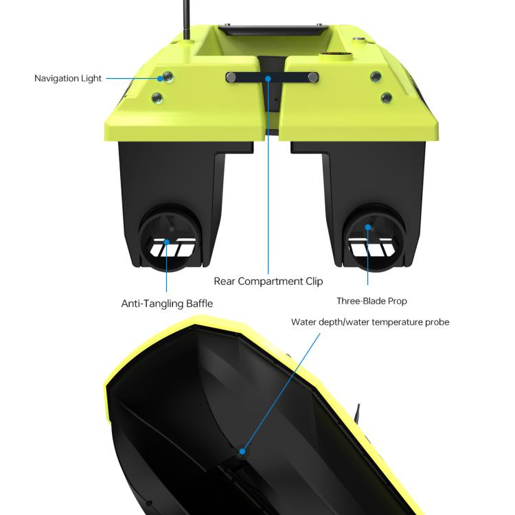 Top and side view of yellow fishing bait boat with navigation light and probe