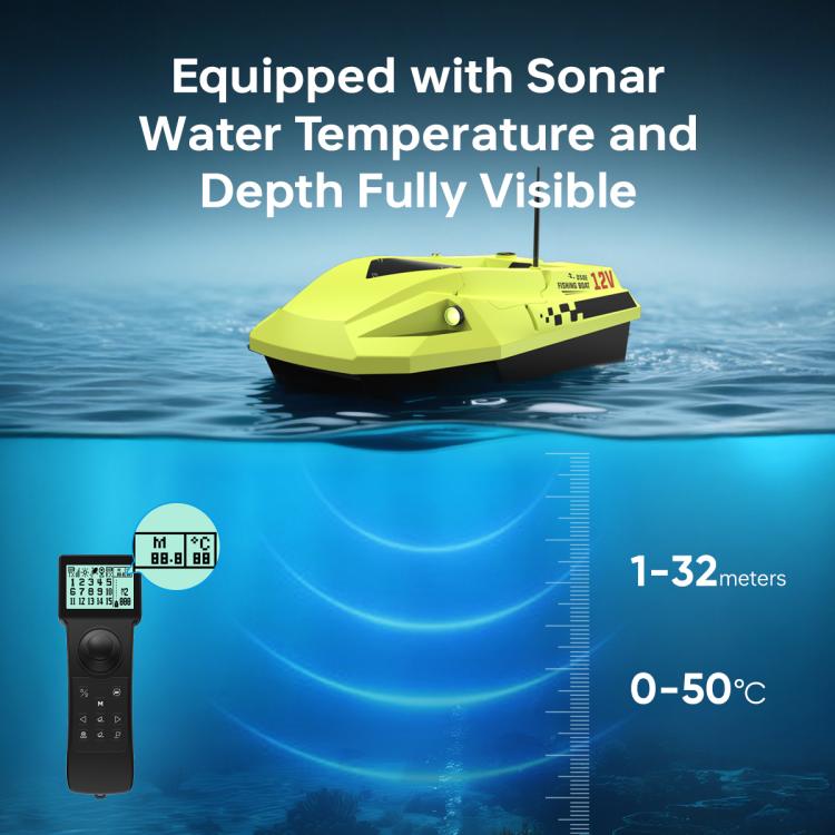 Neon green bait boat on water with sonar depth display panel