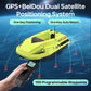 Neon green GPS bait boat with long antenna and handheld remote controller