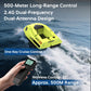 Neon green bait boat on water with long-range remote controller in hand