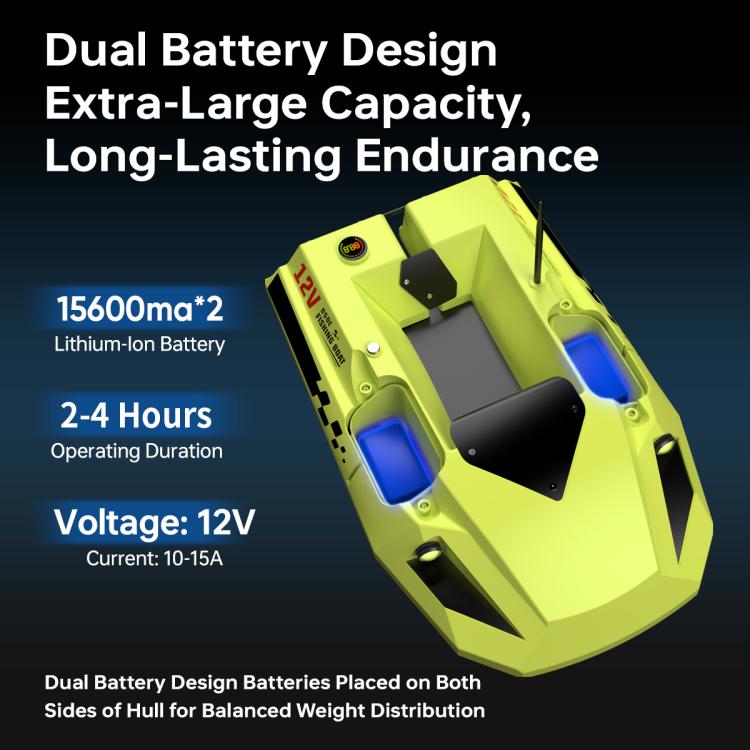 Neon green bait boat showing dual battery compartments with blue inserts