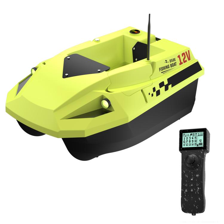 Yellow fishing bait boat side profile with antenna and black remote control