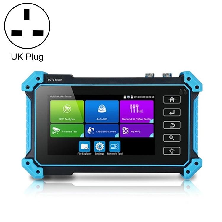 Network video surveillance tester with UK plug, blue rugged housing and front touchscreen