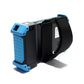 Rugged network video tester with blue end cap and black strap, side view