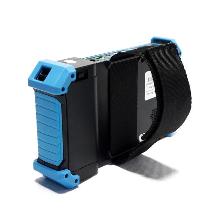 Rugged network video tester with blue end cap and black strap, side view