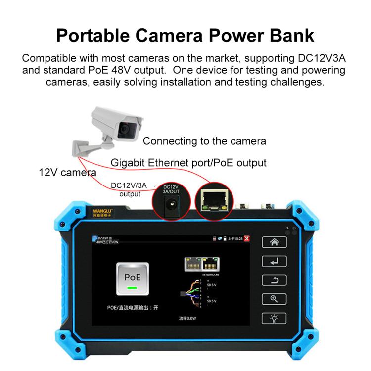 Portable camera power bank function tester with PoE and 12V output labels