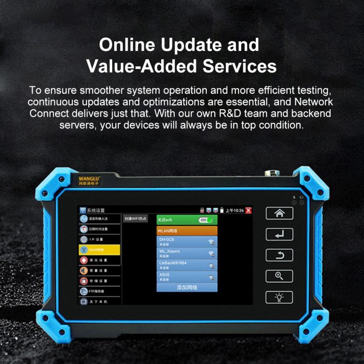 Video surveillance tester showing online update and value-added services screen
