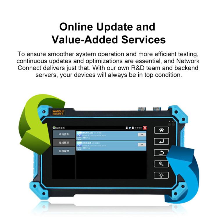 Handheld coaxial video surveillance tester with color touchscreen and blue casing