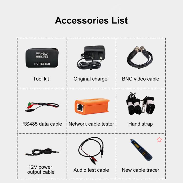 Coaxial video tester accessories kit with charger, cables, tool kit, and hand strap