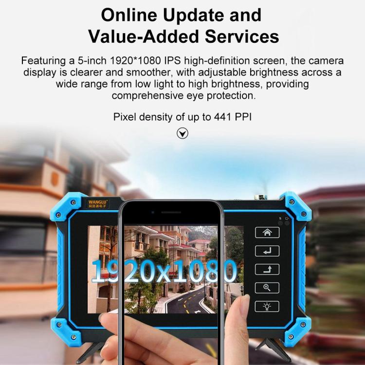 Blue network video tester with 5-inch screen and finger-touch control