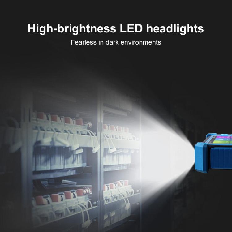 Network video tester with LED headlight shining beam, blue body
