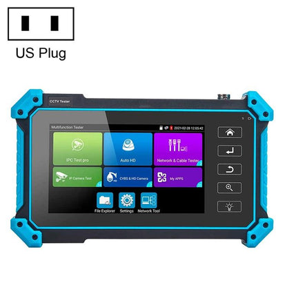 CCTV tester with blue-and-black housing and on-screen menu, US plug
