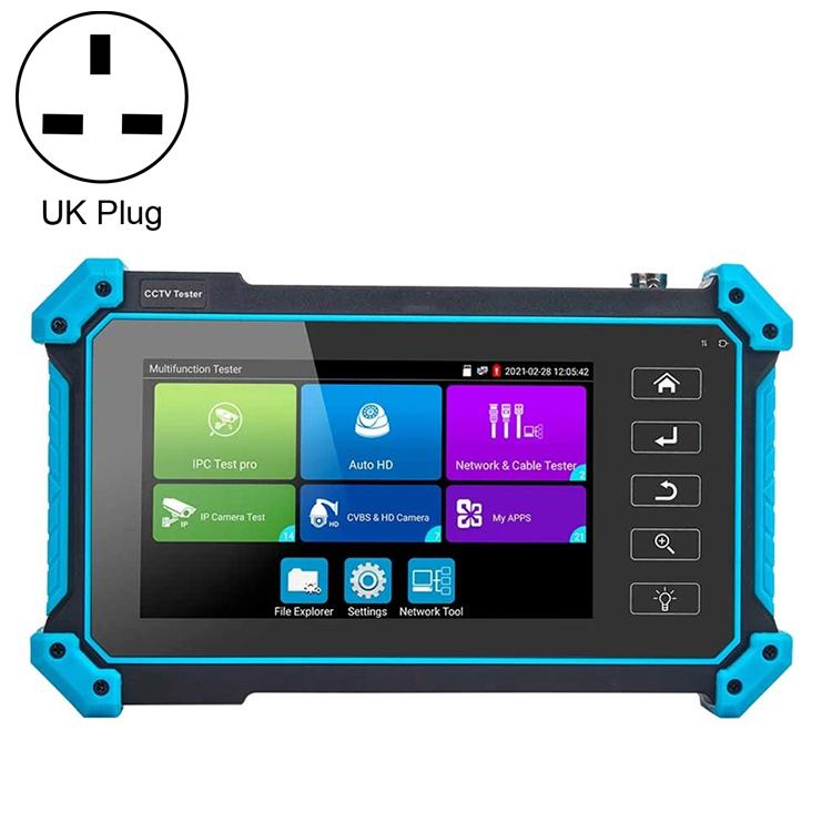 CCTV tester with blue-and-black housing and on-screen menu, UK plug