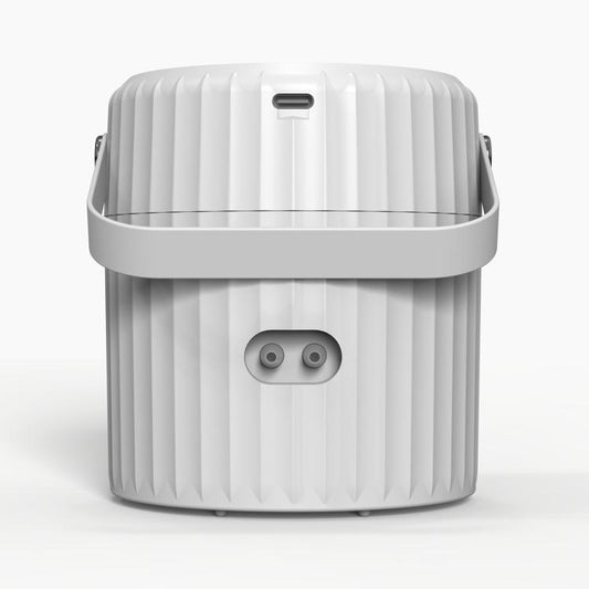 White portable smart irrigator with front outlet ports and top carry handle