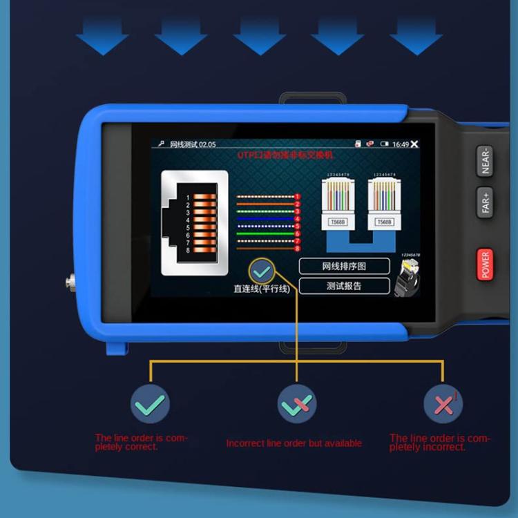 Blue hand-held engineering tester with 4.5-inch HD screen showing circuit test interface