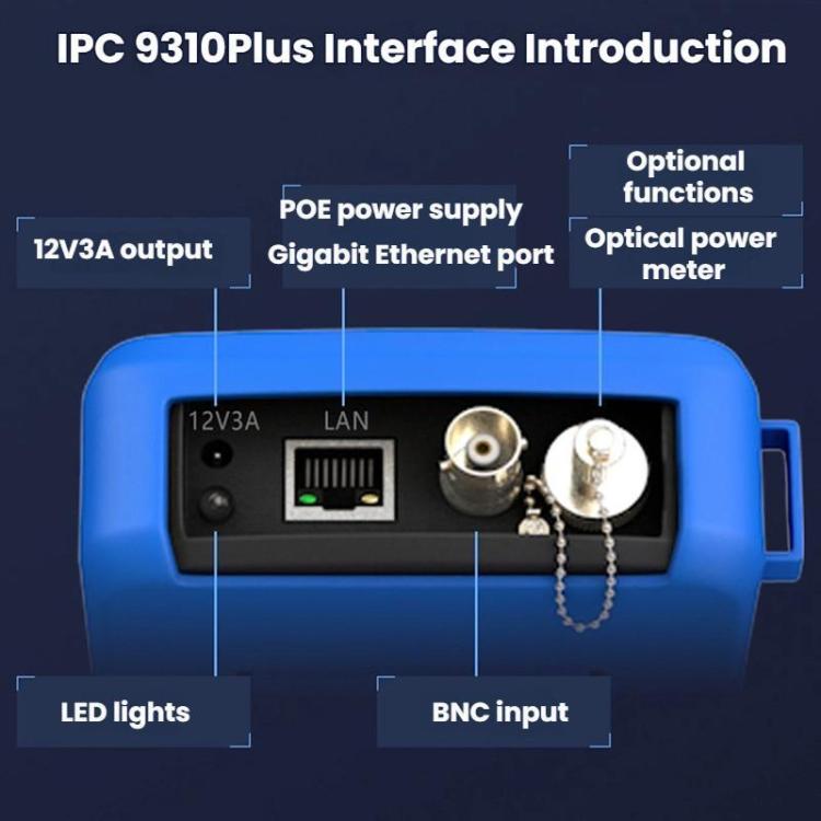 Blue tester interface with LAN port, POE power supply, optical power meter, and BNC input