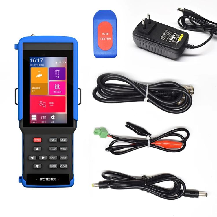 Blue handheld engineering tester with 4.5-inch screen and connected cable set
