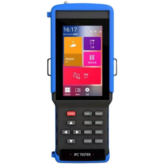 Blue handheld video surveillance engineering tester with 4.5-inch touchscreen display