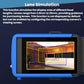 Blue engineering tester displaying lens simulation overlay on touchscreen