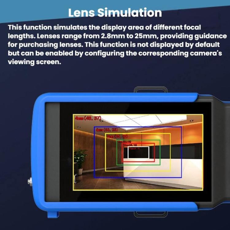 Blue engineering tester displaying lens simulation overlay on touchscreen