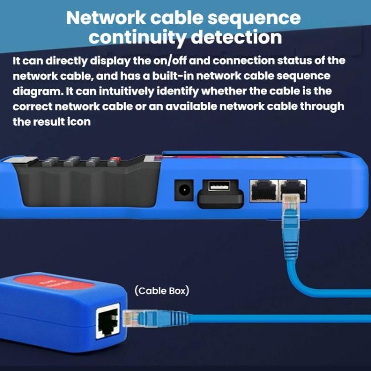 Engineering tester showing network cable continuity detection with RJ45 connection