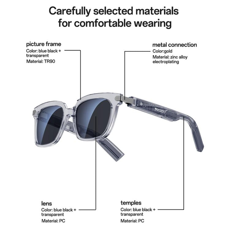 Yesido IO41 smart glasses with blue-black translucent frames, dark lenses, and metal temple connectors