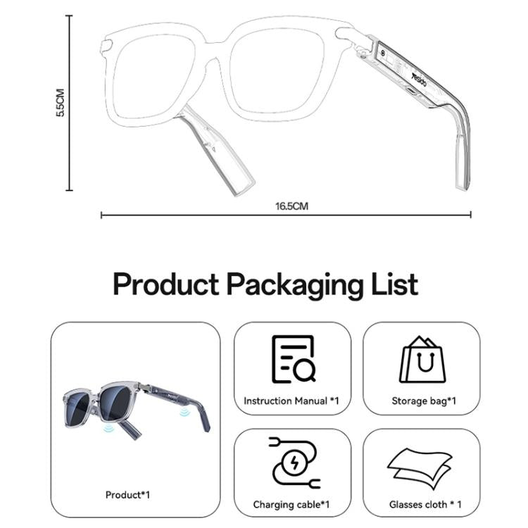 Yesido IO41 smart glasses with 16.5 cm width and 5.5 cm height, plus included accessories