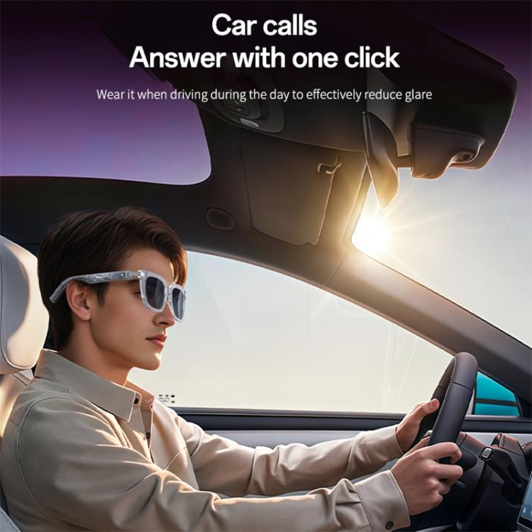 Yesido IO41 smart glasses worn by a driver, showing dark lenses and translucent frames