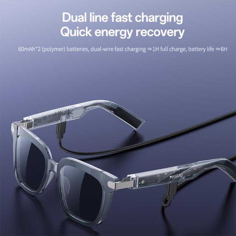 Yesido IO41 smart glasses with translucent gray frames, dark lenses, and open-ear audio temples
