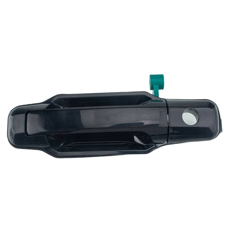 Black left front door handle housing with circular keyhole detail and green release pin