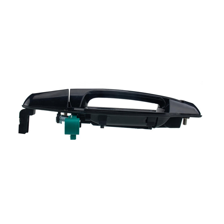 Black front left exterior door handle assembly with green mounting clip and bolt