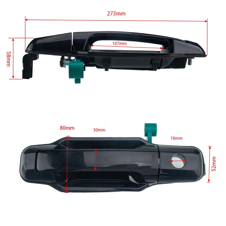 Black left front door handle with size diagram overlay and mounting clips