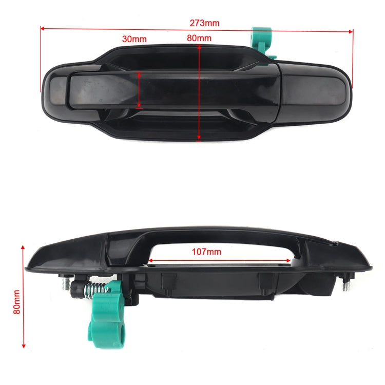 Left rear outside door handle size diagram, black handle with green mounting points