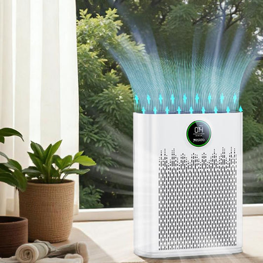 Yesido EC23 air purifier releasing blue airflow from top, white tower body