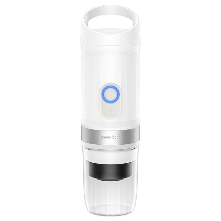 White portable electric coffee maker with blue power button and transparent carafe base