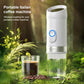 White wireless portable coffee machine standing next to cups and grounds