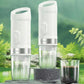 Two white portable coffee makers with blue buttons and clear cups