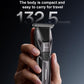 Mini beard trimmer held in hands, compact body with charging light indicator