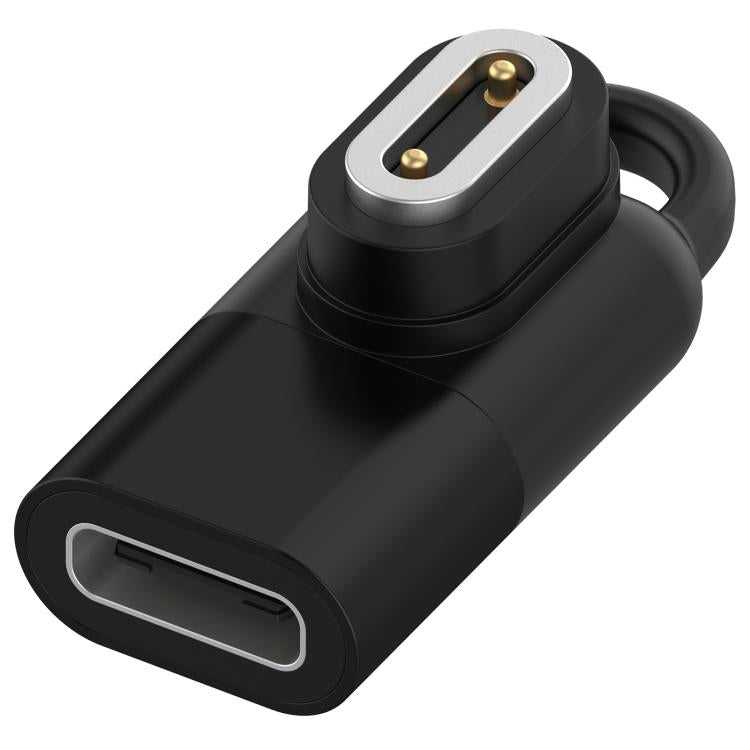 Black USB-C watch charging adapter with two gold charging contacts and a loop