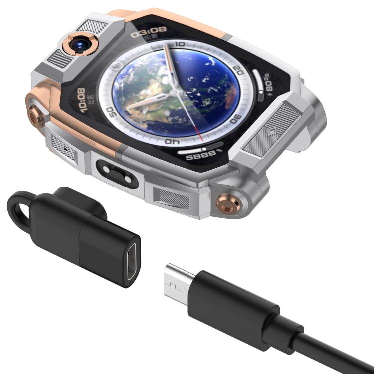 Black watch charging adapter and USB-C cable shown beside a smartwatch